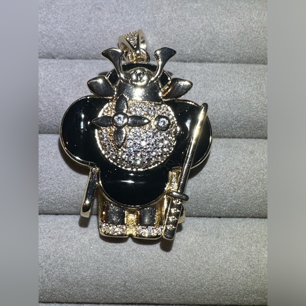 14K Gold Samurai Flower Doll Micro Pavé Iced Out Bling Drip Hip Hop Necklace - Picture 3 of 9